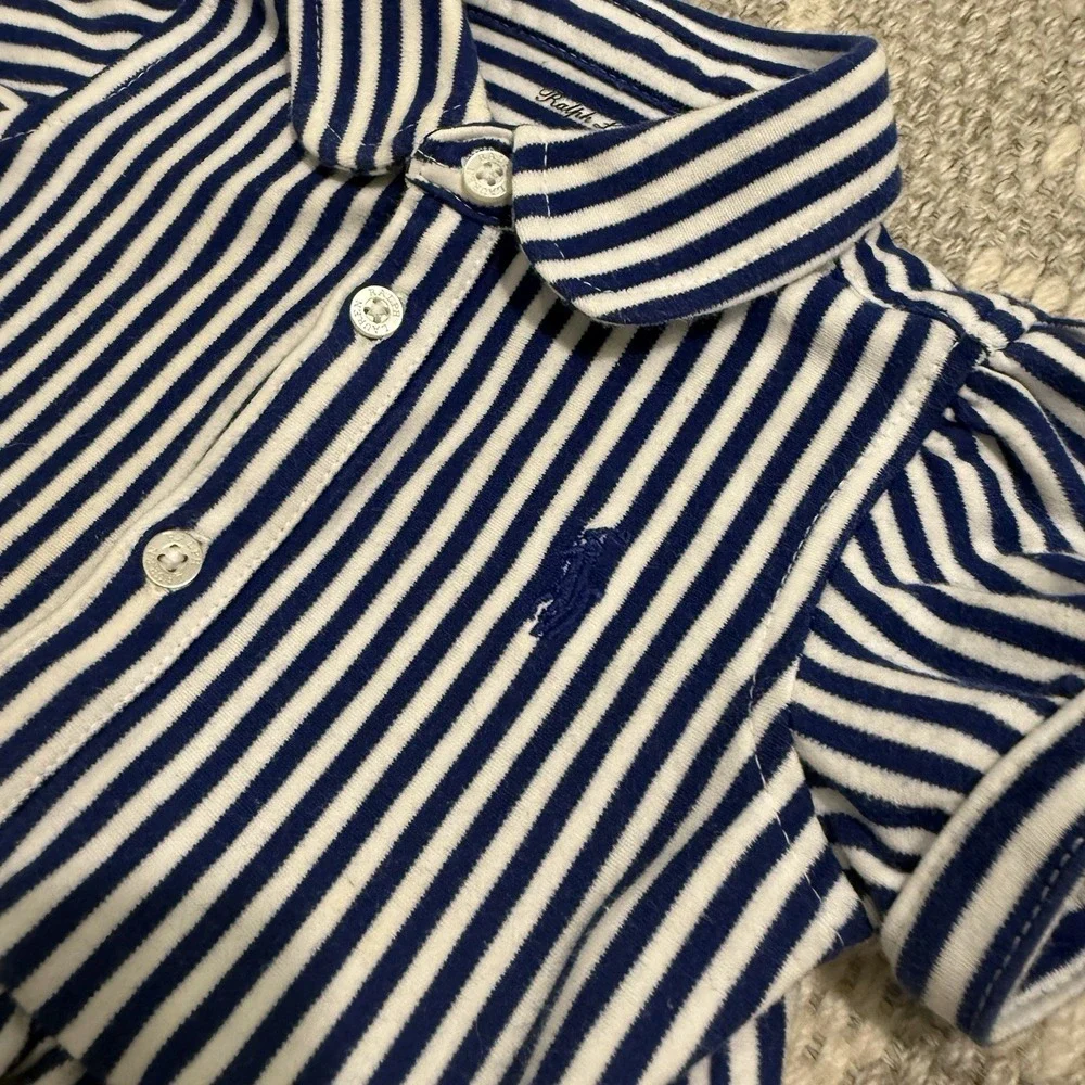 Ralph Lauren Striped Knit Oxford Shirtdress Puff Sleeve Baby Girl 6M Preppy